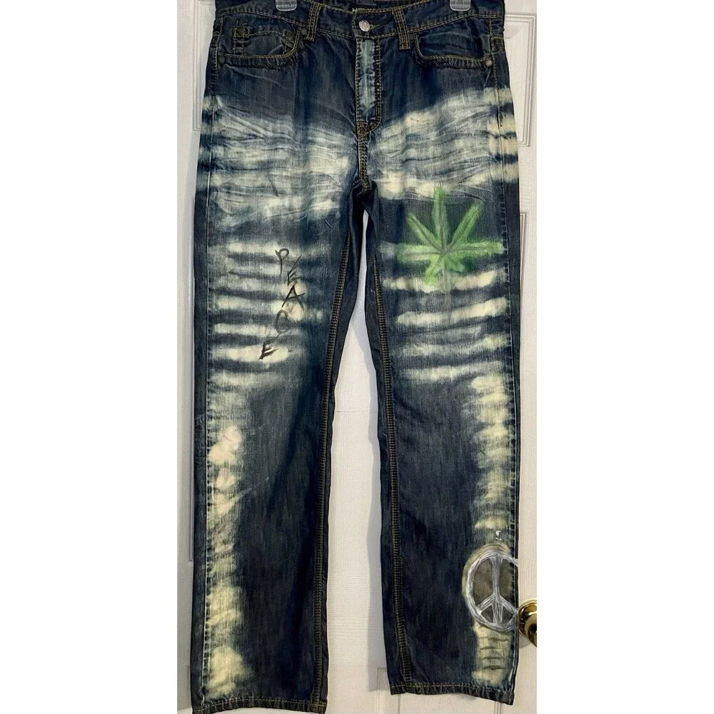 Helix 34 X 32 Men's Custom Graphic Denim Jeans - Peace & Leaf Bleach Wash